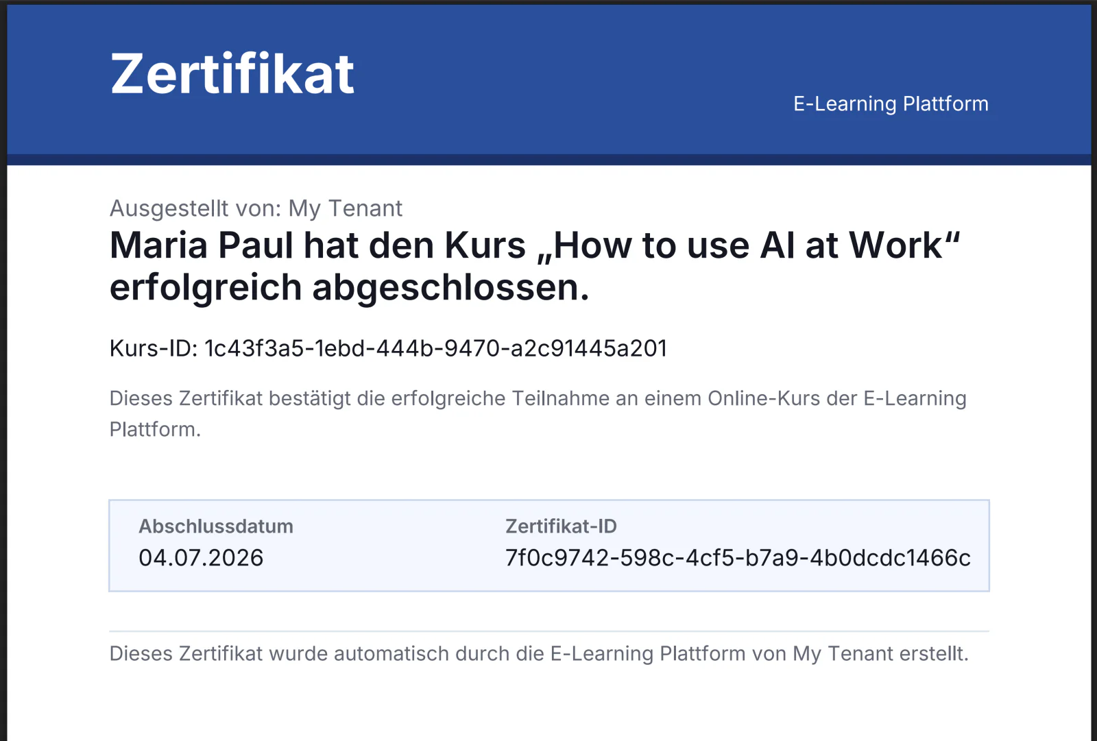 Ein von ELP erstelltes PDF-Abschlusszertifikat